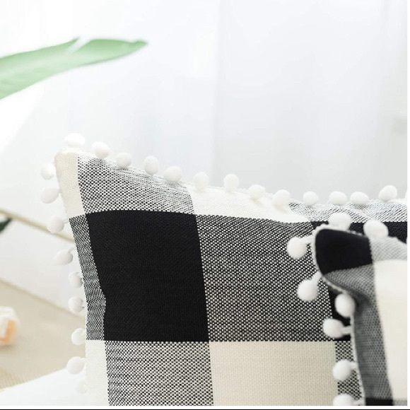 Classic Black/White Gingham Pompom Farmhouse Preppy Throw Pillow Cover Twin Set - Picture 4 of 10
